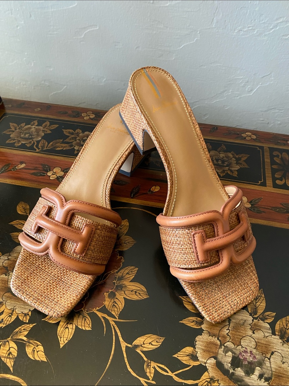 Sam Edelman Woven Straw Slide Heels in Tan